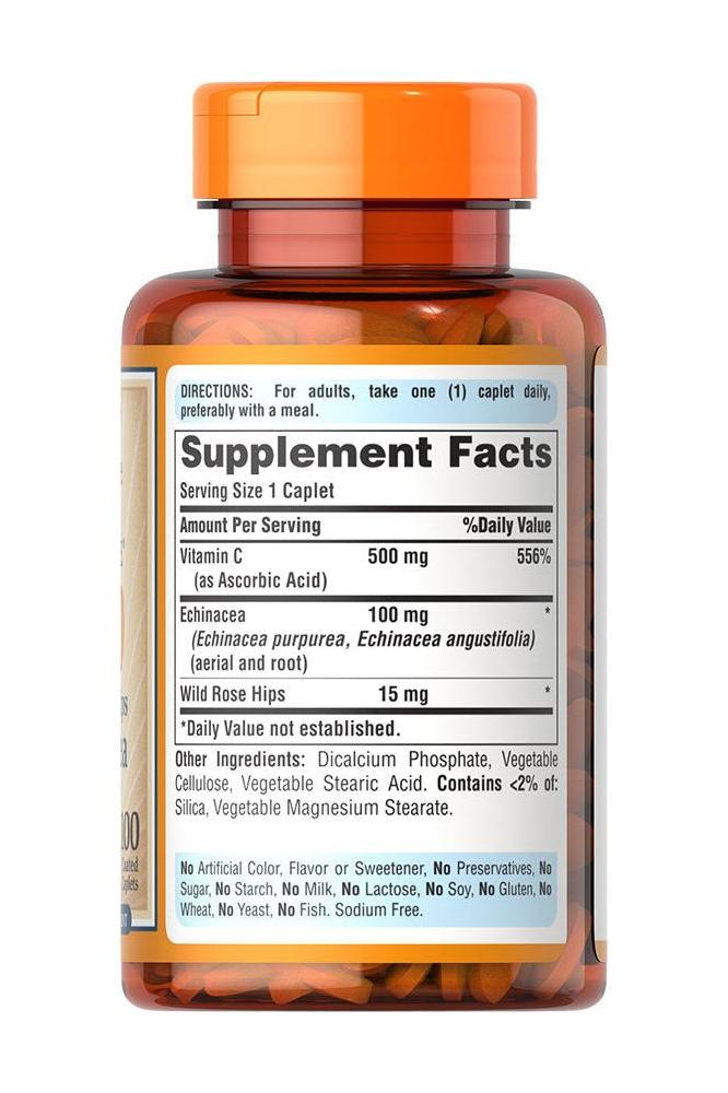Puritan's Pride Vitamin C-500 product bottle with serving facts, featuring rose hips and echinacea in 100 caplets.