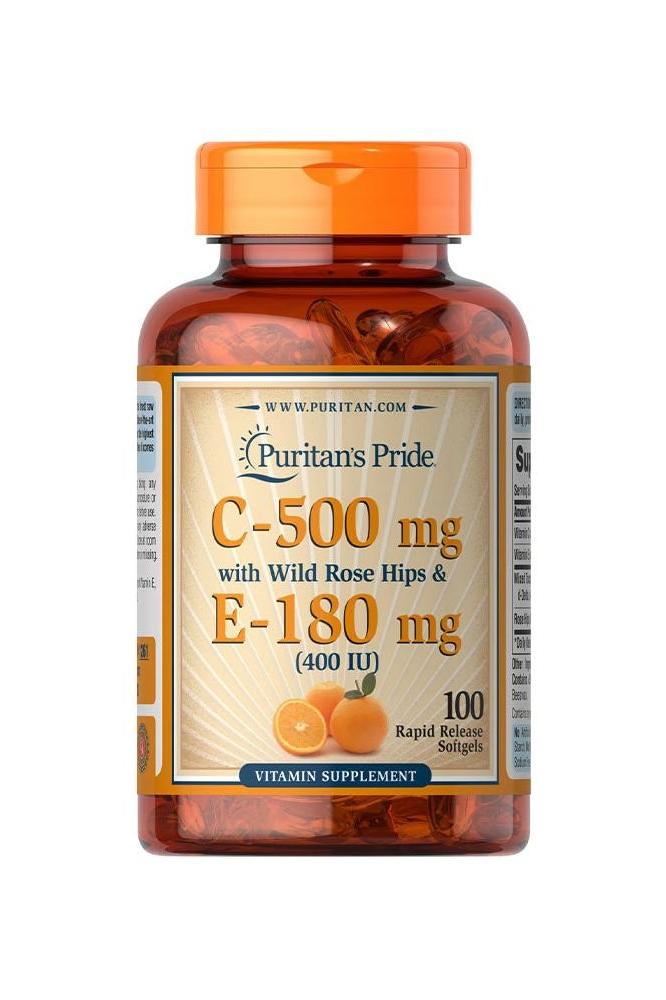 Puritan's Pride Vitamin C 500 mg E 400 IU with Wild Rose Hips 100 Softgels supplement bottle