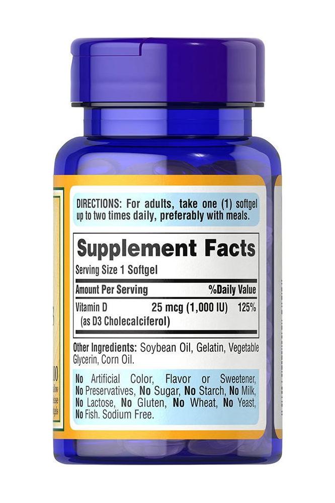 Puritan's Pride Vitamin D3 1000 IU softgel bottle with supplement facts label