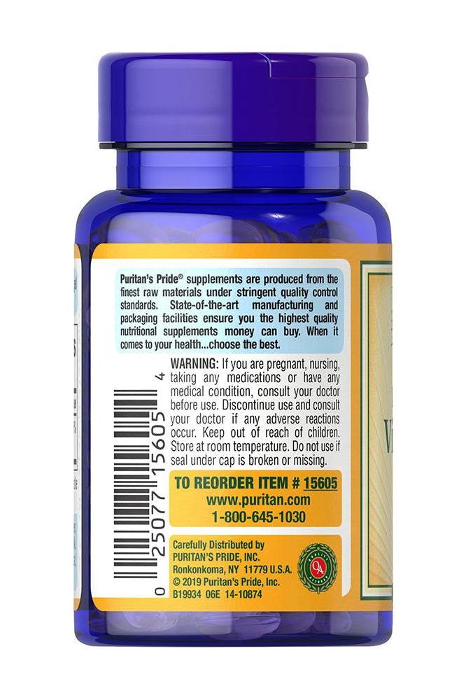 Puritan's Pride Vitamin D3 1000 IU softgel bottle with dosage and warning information on the label.