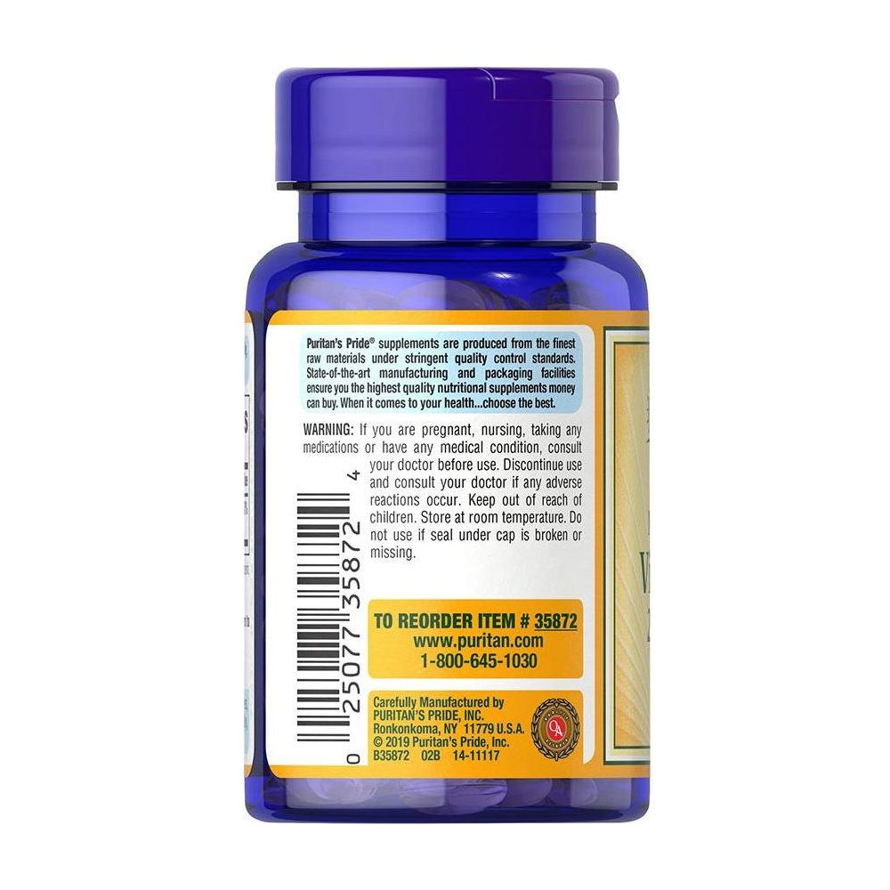Puritan's Pride Vitamin D3 10,000 IU softgel bottle back label with warnings and product information.