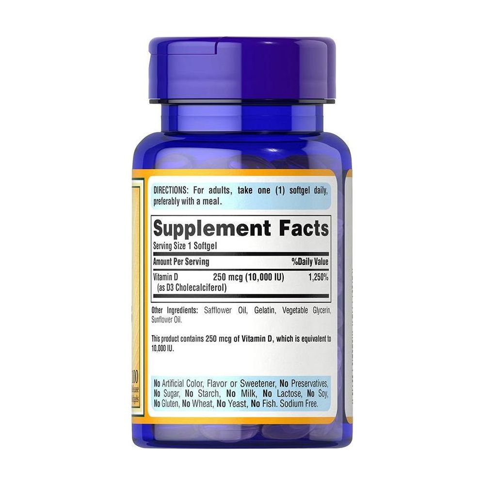 Puritan's Pride Vitamin D3 10,000 IU softgel bottle, supplement facts and dosage information on label.