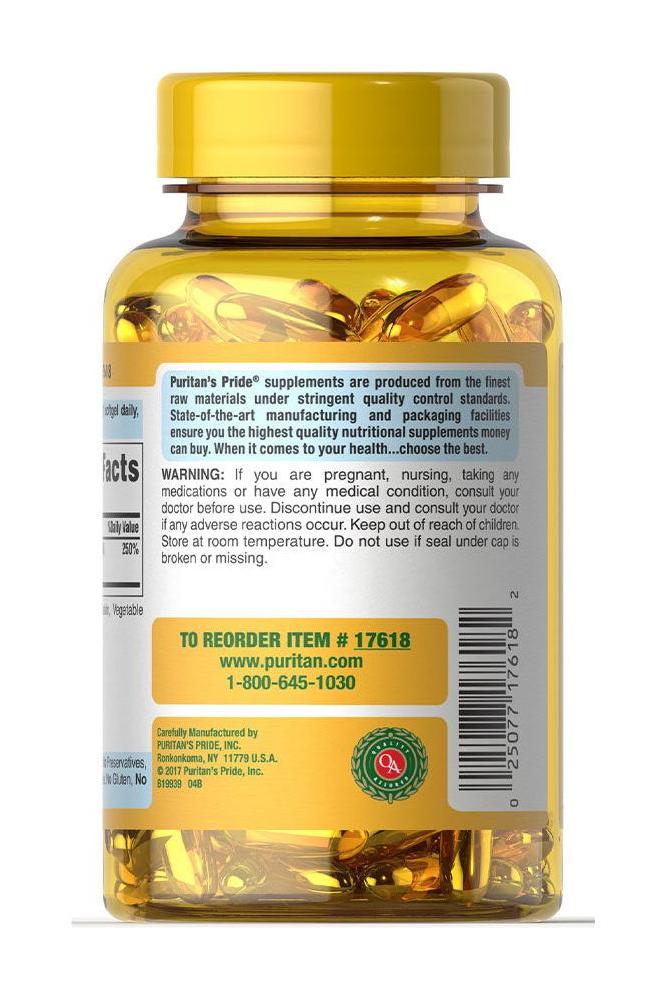 Puritan's Pride Vitamin D3 2000 IU supplement bottle with yellow cap and softgel pills in view.