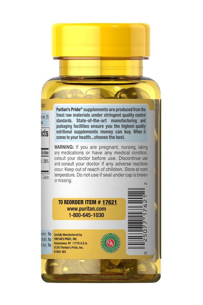 Puritan's Pride Vitamin D3 2000 IU supplement bottle, supporting bone and immune health, with 100 softgels.