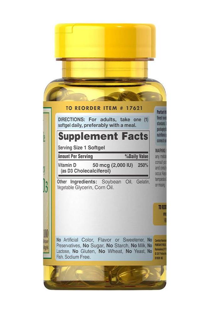 Puritan's Pride Vitamin D3 2000 IU supplement bottle with nutrition facts list for healthy bones and immune support.