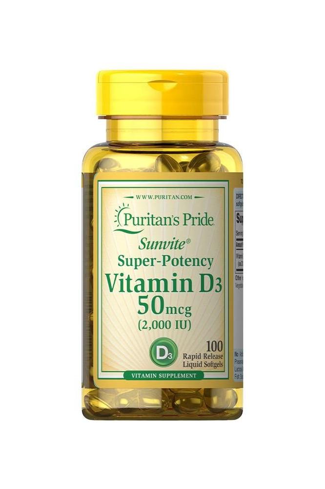 Puritan's Pride Vitamin D3 2000 IU supplement bottle with yellow cap and green label.