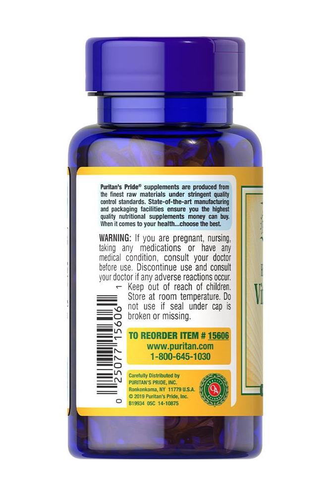 Puritan's Pride Vitamin D3 25mcg 1000 IU bottle with warning and usage information on label.
