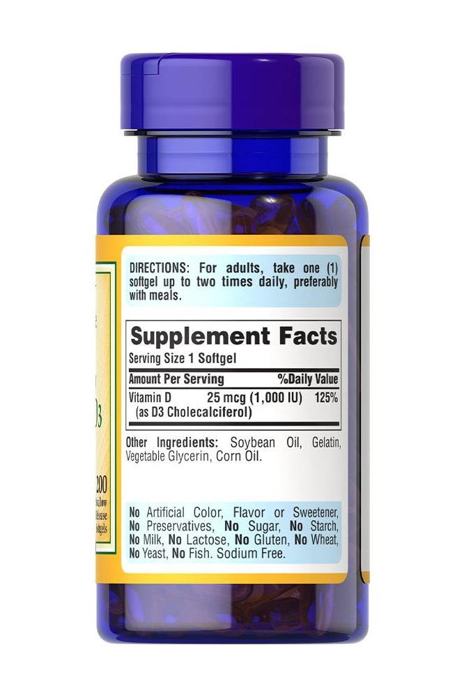Puritan's Pride Vitamin D3 25mcg 1000 IU dietary supplement bottle with supplement facts label.