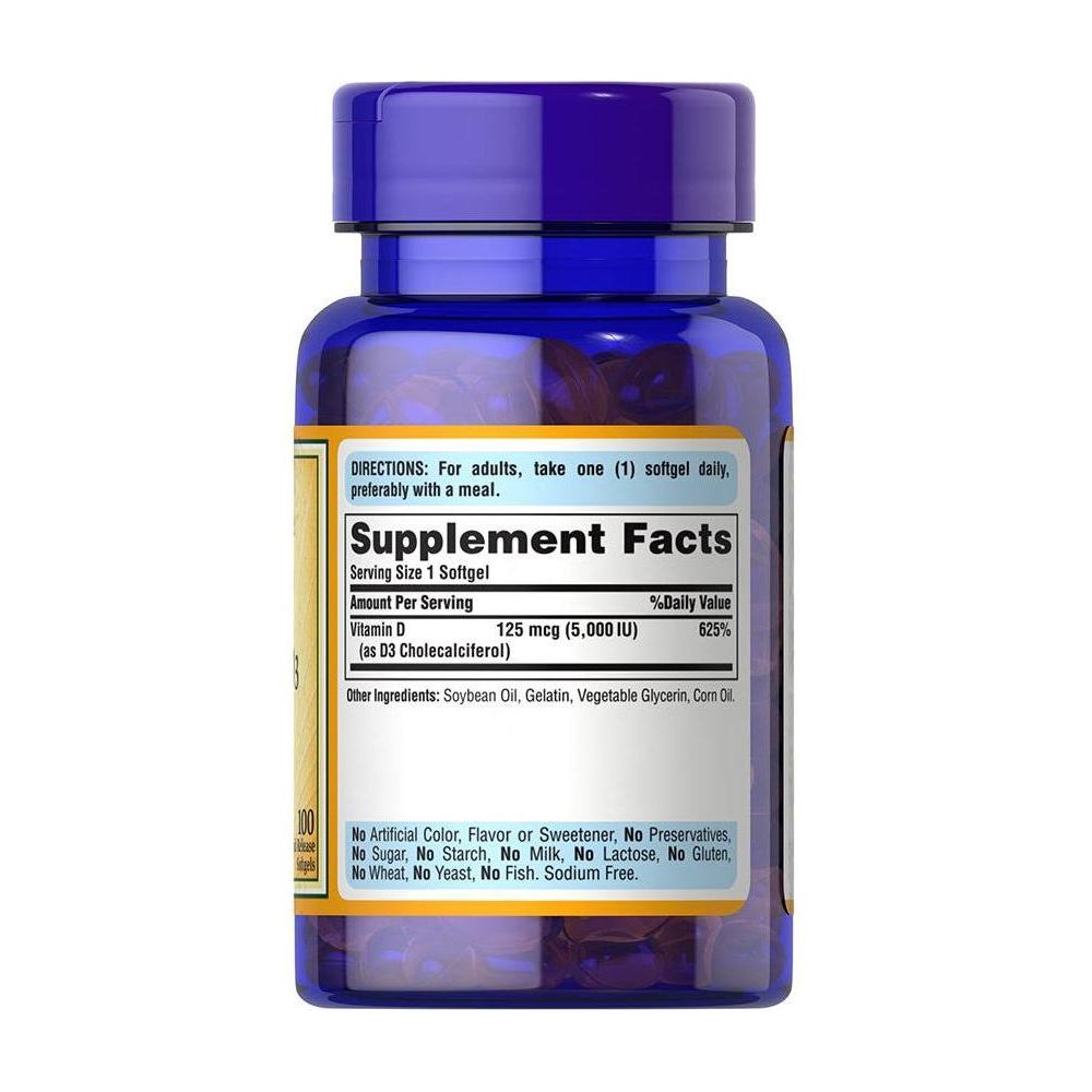 Puritan's Pride Vitamin D3 5000 IU softgel bottle with supplement facts label