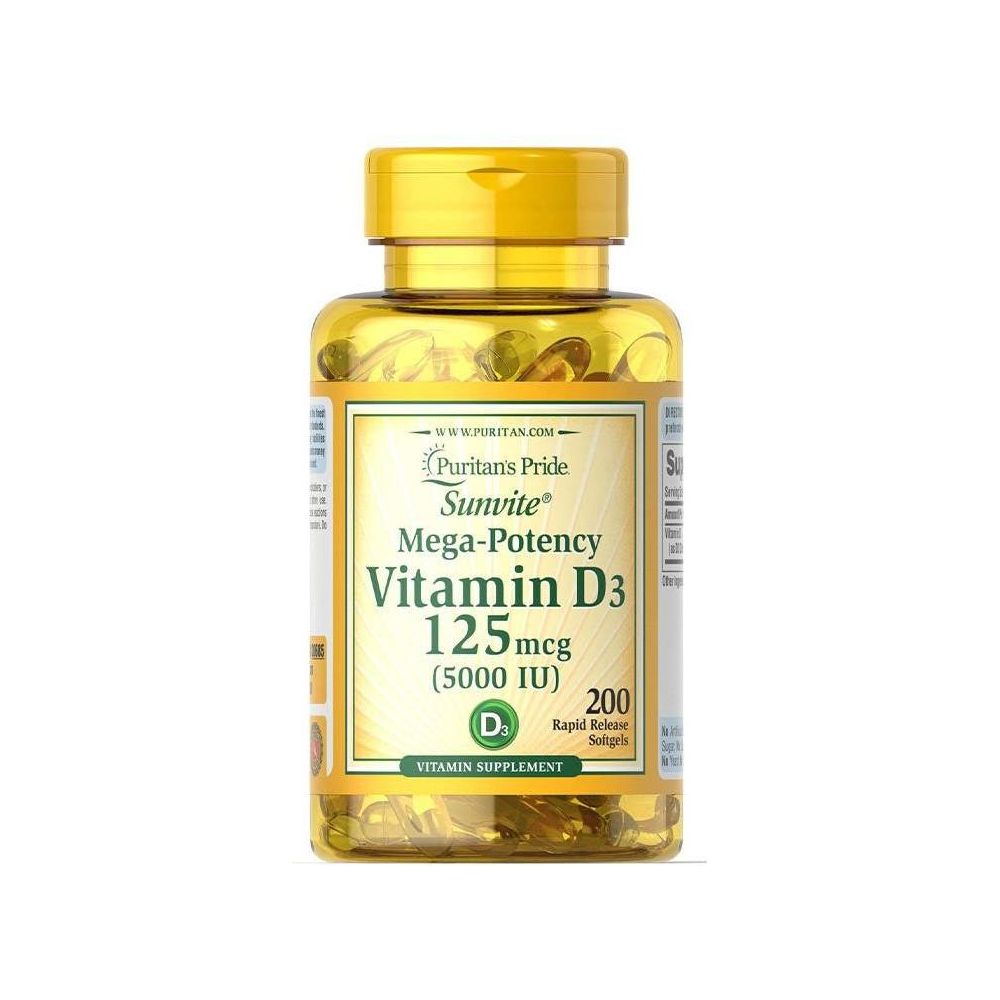 Puritan's Pride Vitamin D3 5000 IU supplement bottle with golden lid and softgel capsules.