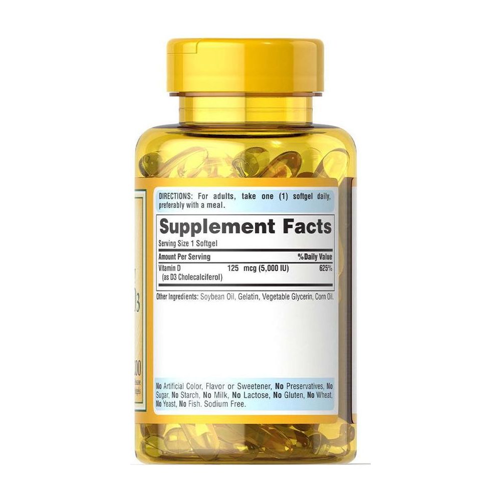 Puritan's Pride Vitamin D3 5000 IU softgel bottle with supplement facts label