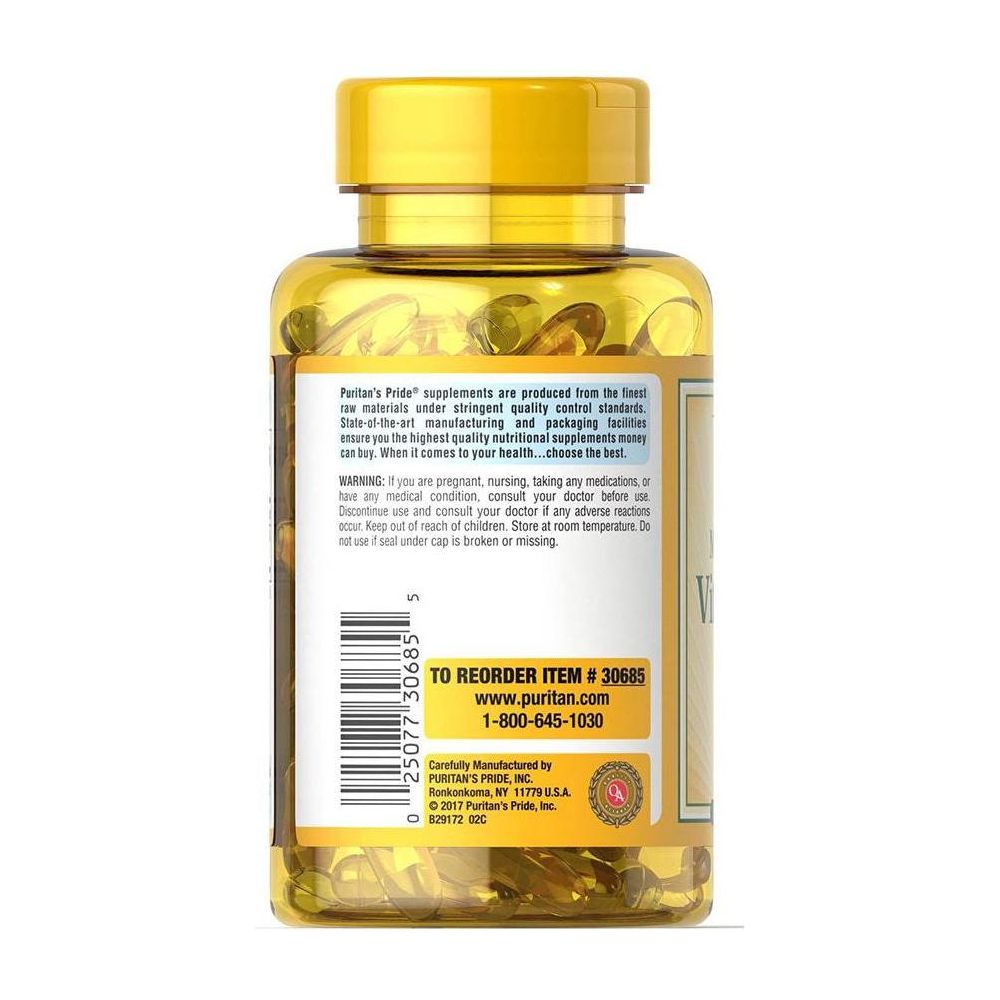 Puritan's Pride Vitamin D3 5000 IU supplement bottle, showcasing label and capsule details.