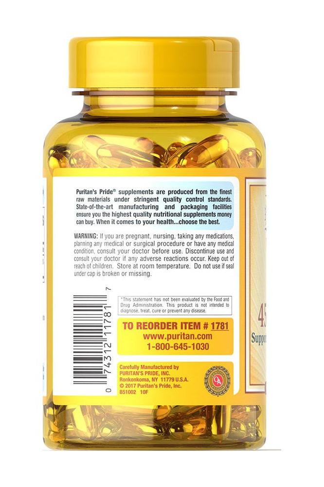 Puritan's Pride Vitamin E 1000 IU softgels bottle showing label and supplement details.