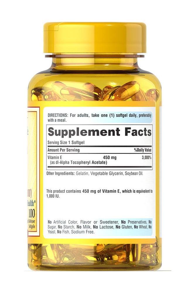 Puritan's Pride Vitamin E 1000 IU softgels bottle with supplement facts label.