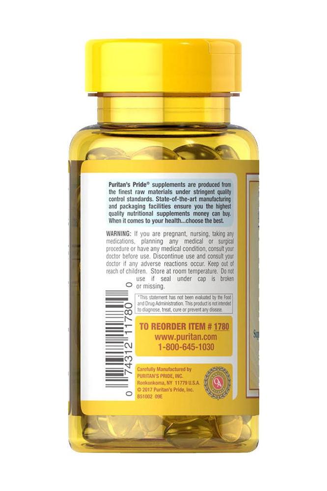 Puritan's Pride Vitamin E 1000 IU softgel bottle with label details and warnings on the back.