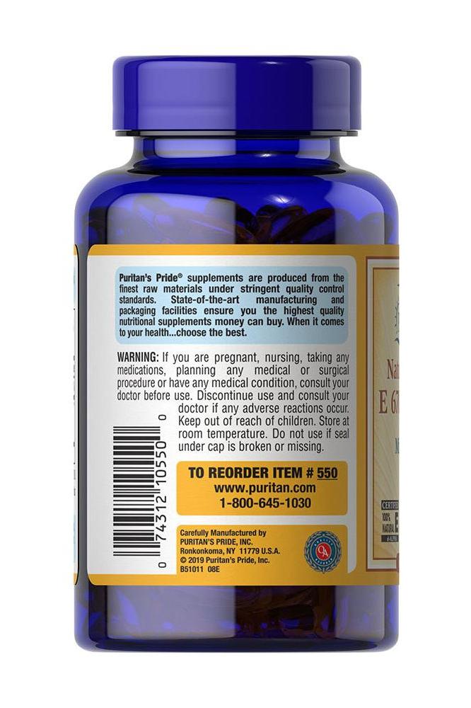 Puritan's Pride Vitamin E 1000 IU softgel bottle with natural mixed tocopherols and usage instructions.