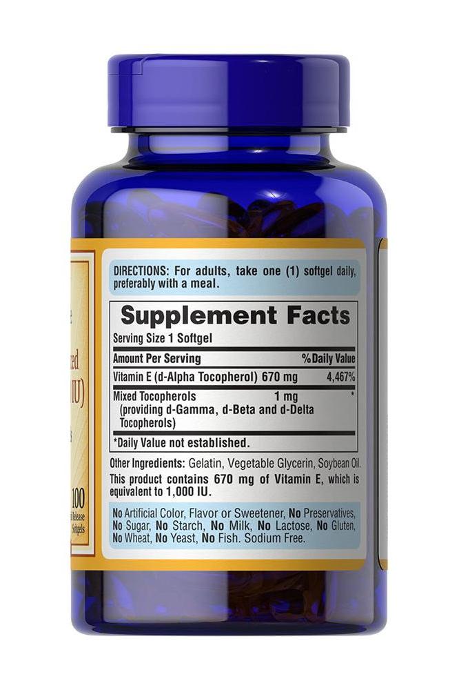 Puritan's Pride Vitamin E 1000 IU softgel bottle with supplement facts label
