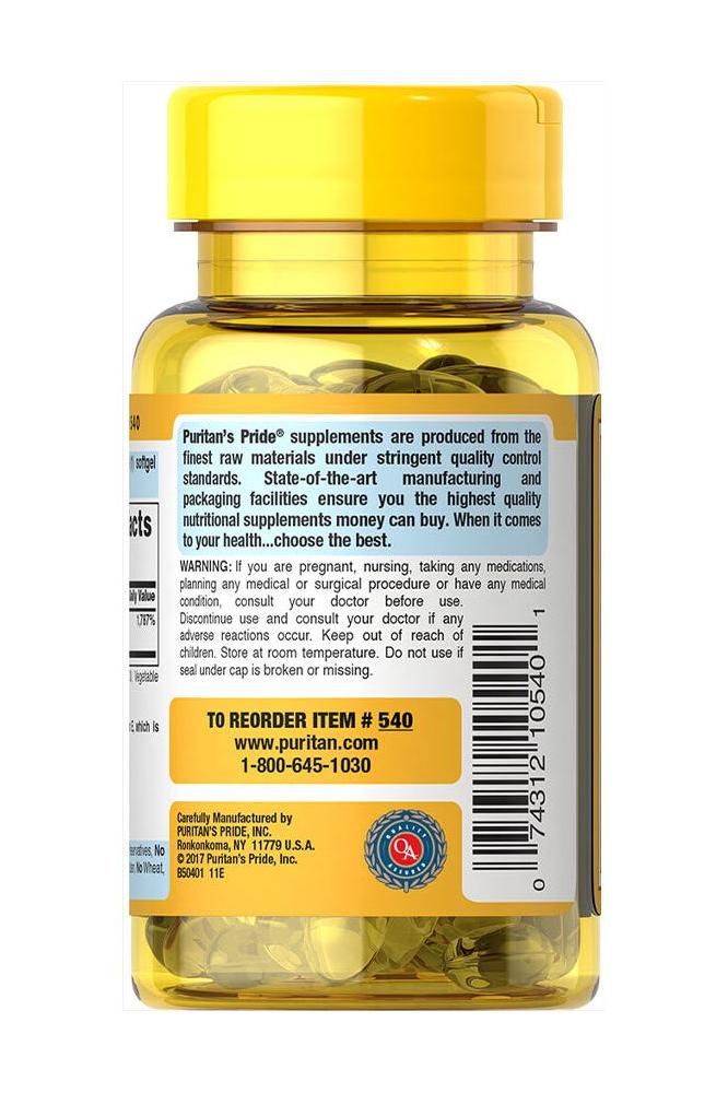 Puritan's Pride Vitamin E 400 IU softgels bottle, supports immune function and provides antioxidant benefits.