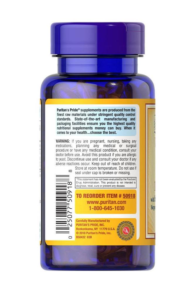Puritan's Pride Vitamin E 400 IU with Selenium 50 mcg softgel bottle, antioxidant support for immune health.