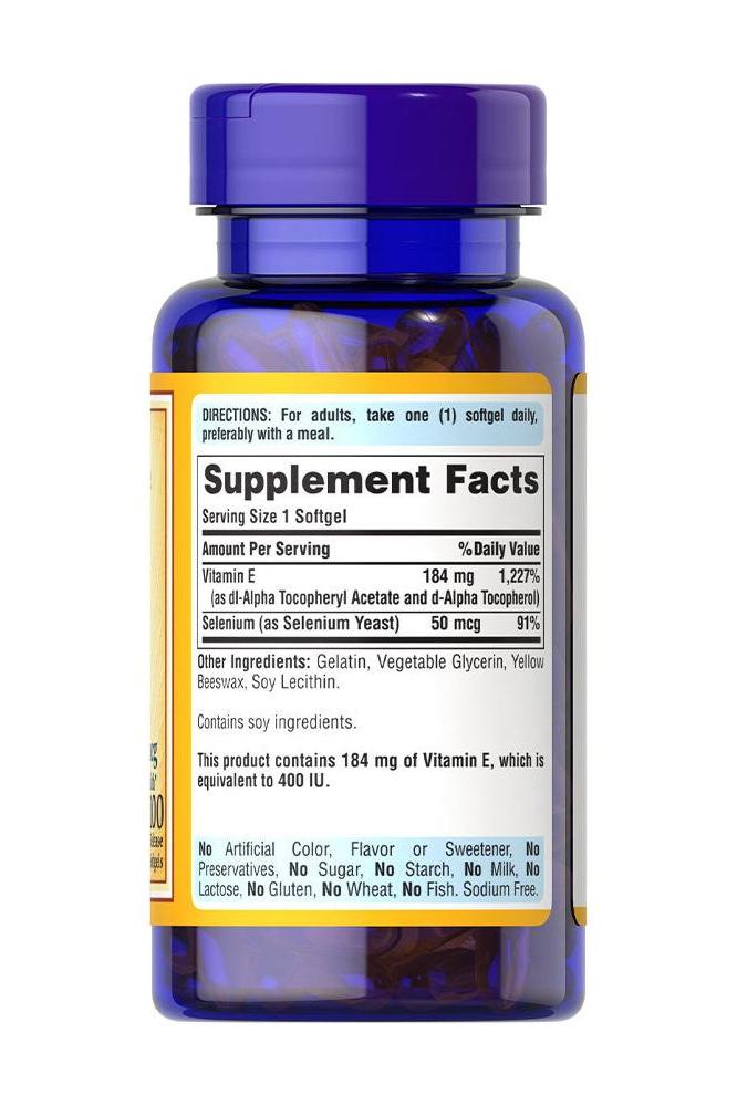 Bottle of Puritan's Pride Vitamin E-400 IU with selenium, showing supplement facts and dosage details.