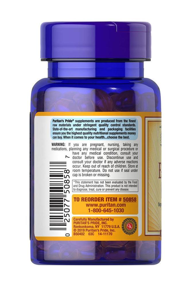 Puritan's Pride Vitamin E-400 IU bottle with nutritional information and antioxidant benefits.
