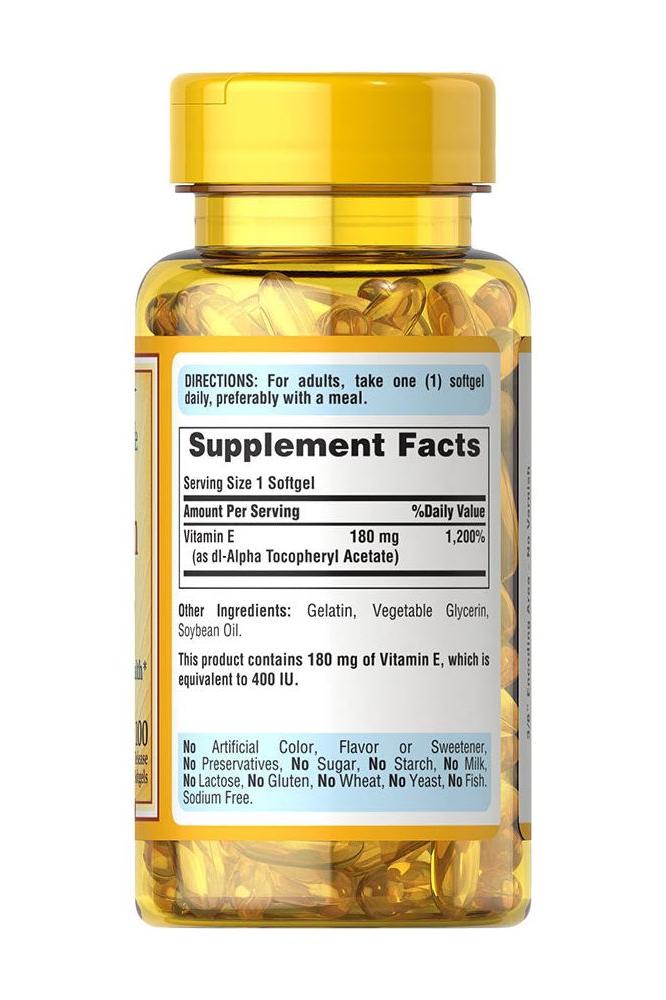 Bottle of Puritan's Pride Vitamin E 400 IU softgels showcasing supplement facts and ingredients.
