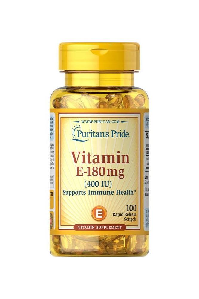 Puritan's Pride Vitamin E-400 IU supplement bottle with rapid release softgels for immune health.