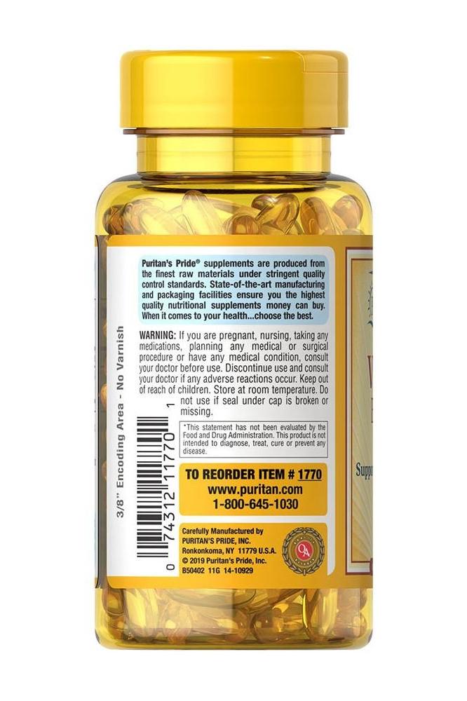 Puritan's Pride Vitamin E-400 IU supplement bottle with golden lid and capsules visible, promoting immune health.