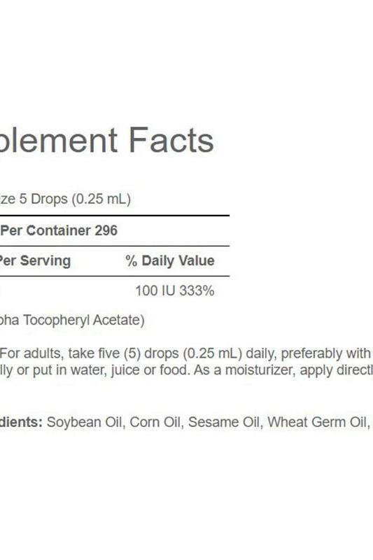 Supplement facts for Vitamin E Oil with dosage instructions and ingredients listed.