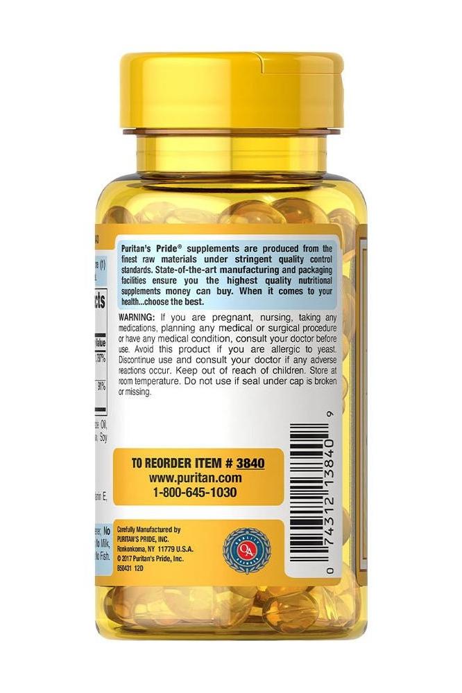 Puritan's Pride - Vitamin E with Selenium 400 IU softgel bottle, showcasing antioxidant supplement benefits.