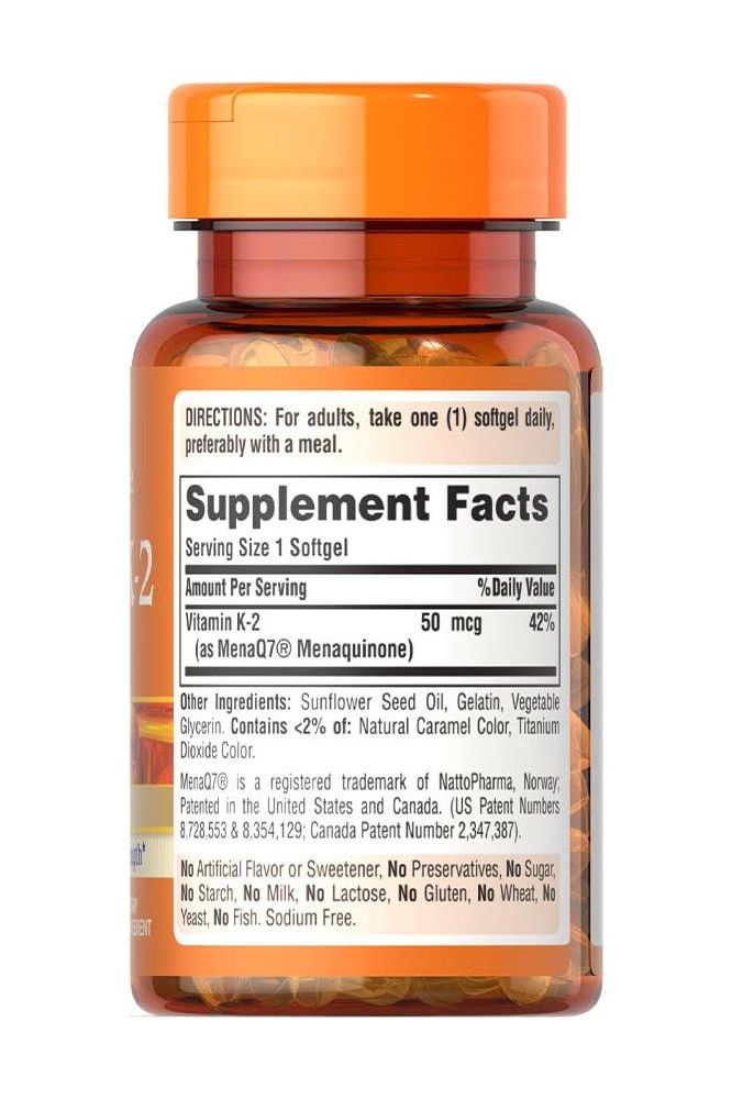 Puritan's Pride Vitamin K-2 (MenaQ7) 50 mcg softgel supplement facts label