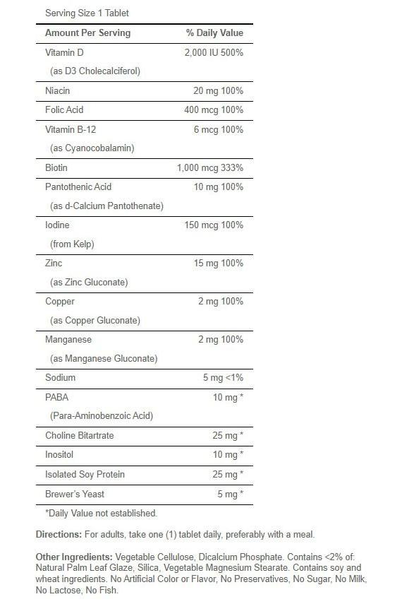 Puritan's Pride Vitamins For The Hair baksida näringsinformation