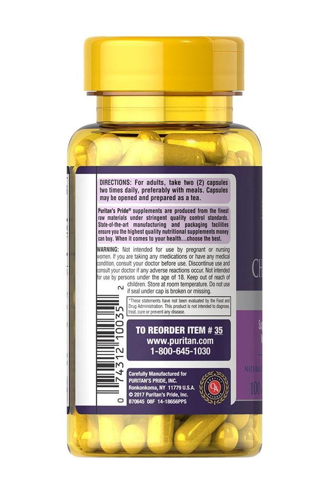 Puritan's Pride Vitex Chaste Tree 400 mg capsules bottle side view, showing dosage instructions and product details.