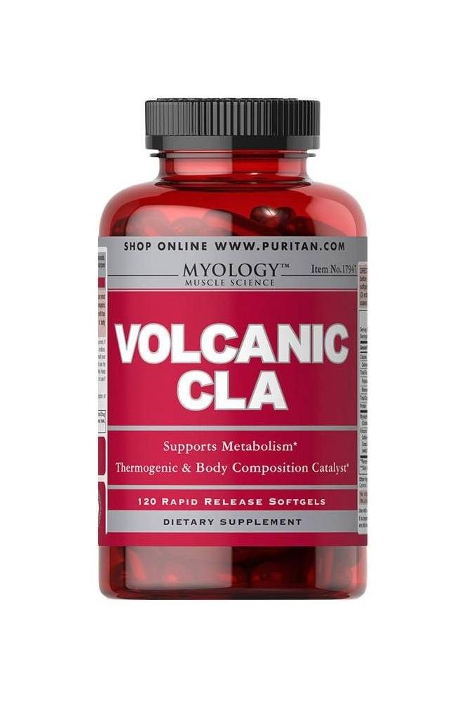 Puritan's Pride Volcanic CLA bottle with 120 softgels supports metabolism and body composition.