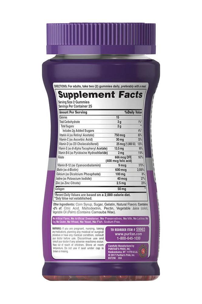 Puritan's Pride Women Multi Collagen gummies supplement facts label showing ingredients and nutrition information.