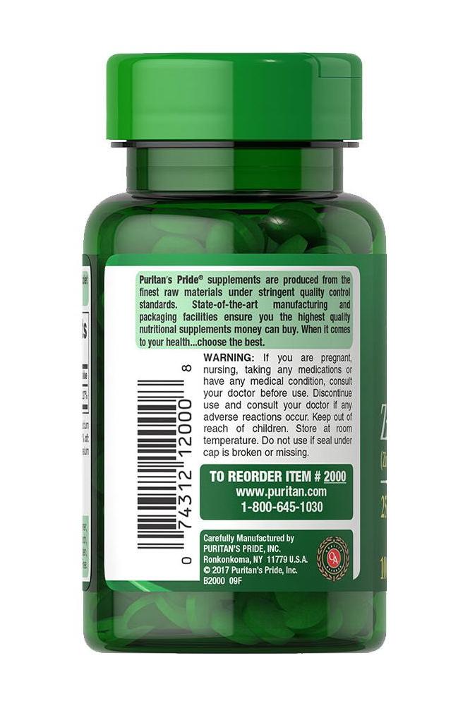 Puritan's Pride Zinc 25 mg supplement bottle, 100 tablets, showcasing nutrient information and freshness guarantee.