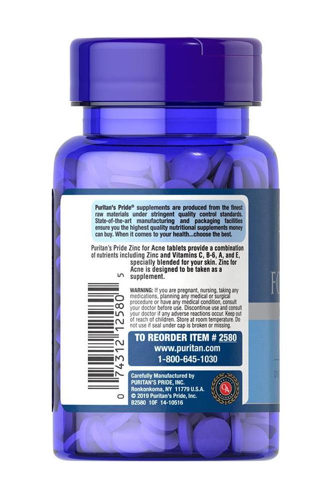 Puritan's Pride Zinc for Acne bottle showcasing 100 tablets with nutritional information for skin health.