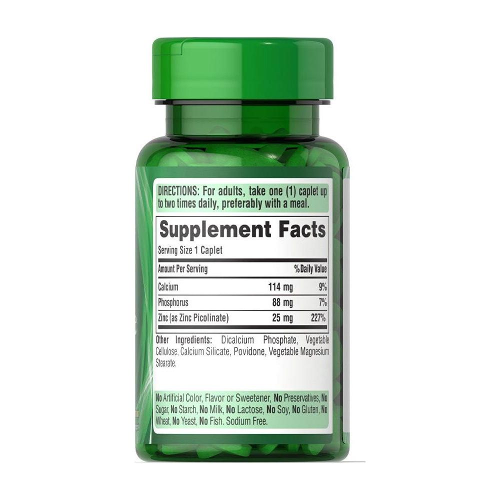 Puritan's Pride Zinc Picolinate 25 mg caplet supplement facts bottle, highlighting nutrients and serving size.
