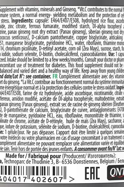 Label of Qnt Men's Multivitamins showing ingredients and nutritional information for 60 capsules.