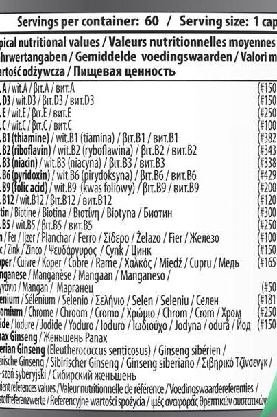 Nutritional information label for Qnt Men's Multivitamins showing ingredients and values per 60 servings.