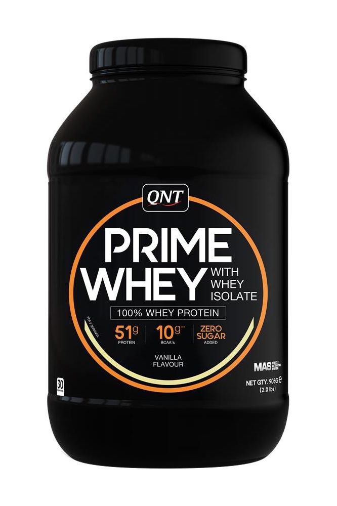 Qnt Prime Whey protein powder tub in vanilla flavor, 100% whey protein with zero sugar, 51g protein per serving.