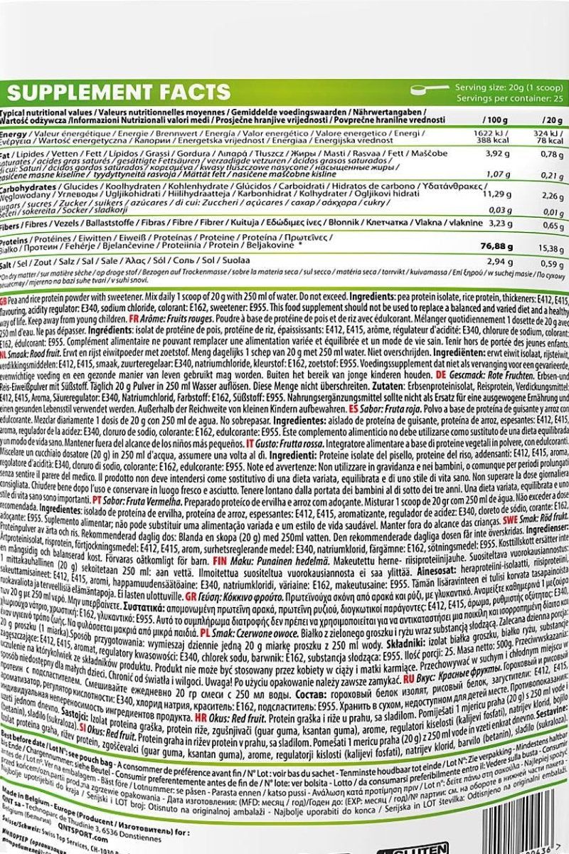 Supplement facts label for Qnt Vegan Protein Powder showing nutritional information and ingredients.