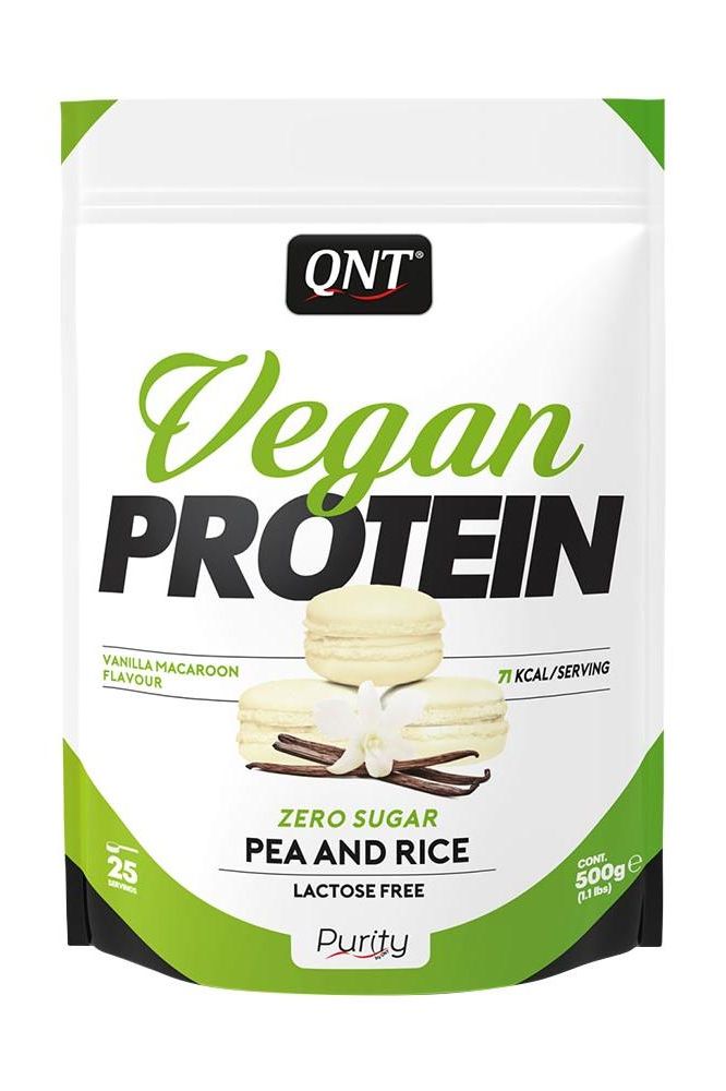 QNT Vegan Protein Powder in Vanilla Macaroon flavor, lactose-free, featuring pea and rice protein.