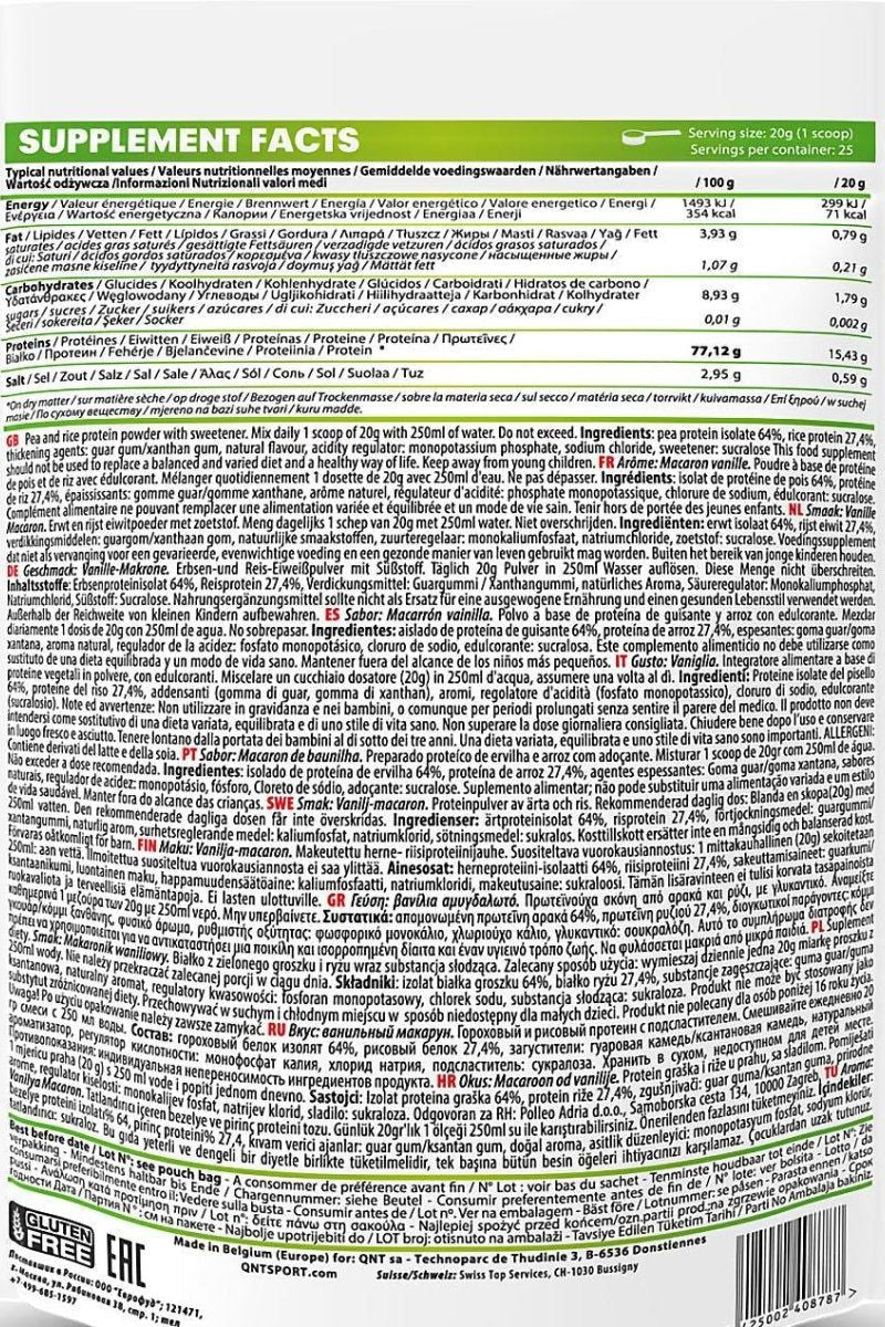 Nutritional information for Qnt Vegan Protein Powder, detailing ingredients and supplement facts.