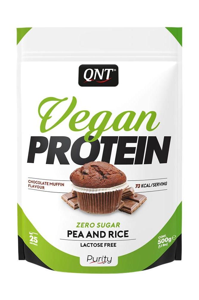 QNT Vegan Protein Powder in chocolate muffin flavor, lactose-free, with zero sugar and made from pea and rice, 500g.