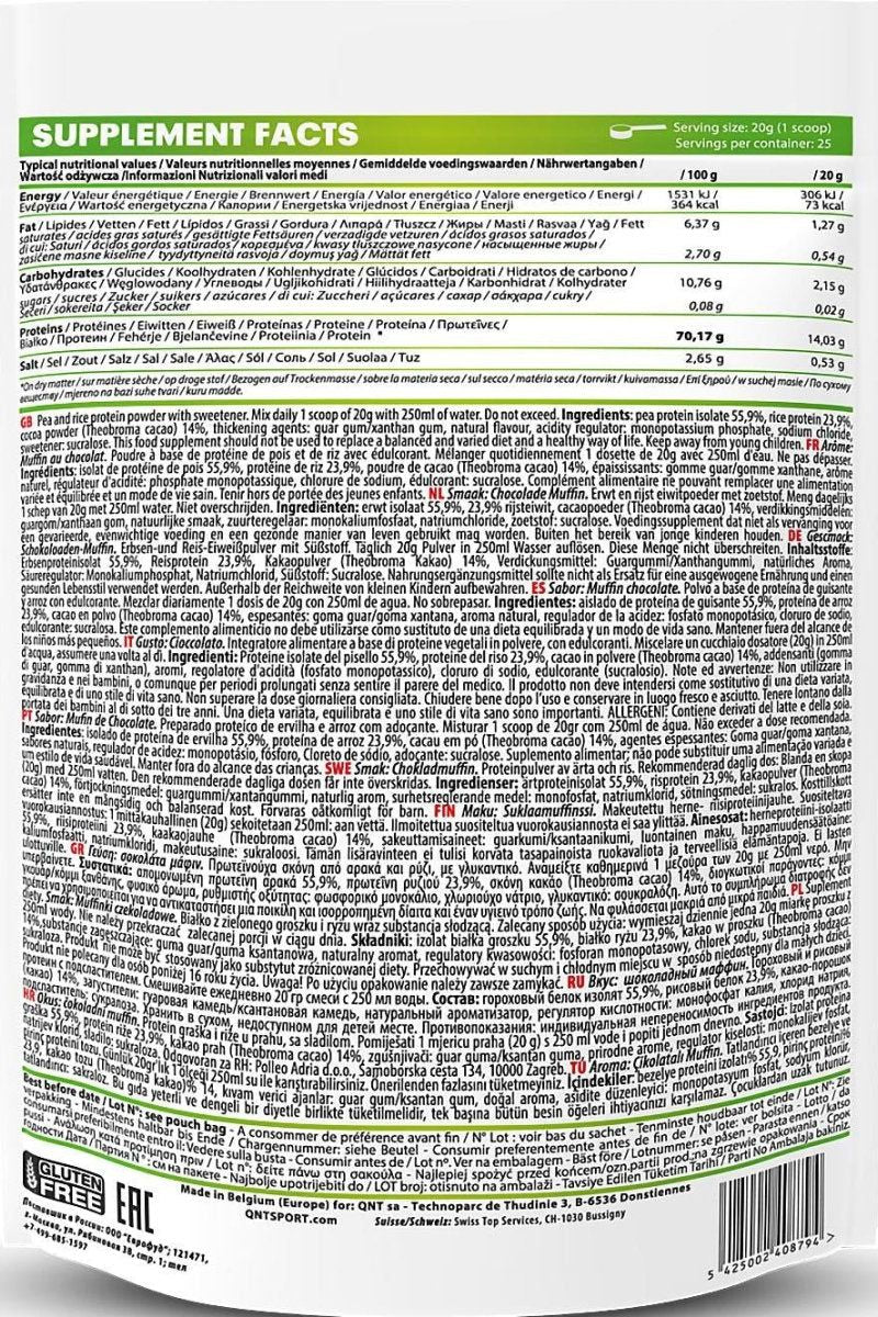 Supplement facts and nutritional information for Qnt Vegan Protein Powder packaging.