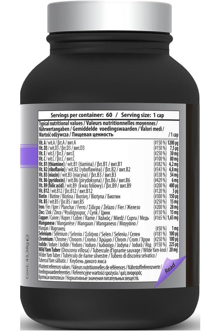 Nutritional label of Qnt Women's Multivitamins showing vitamins and minerals per serving.