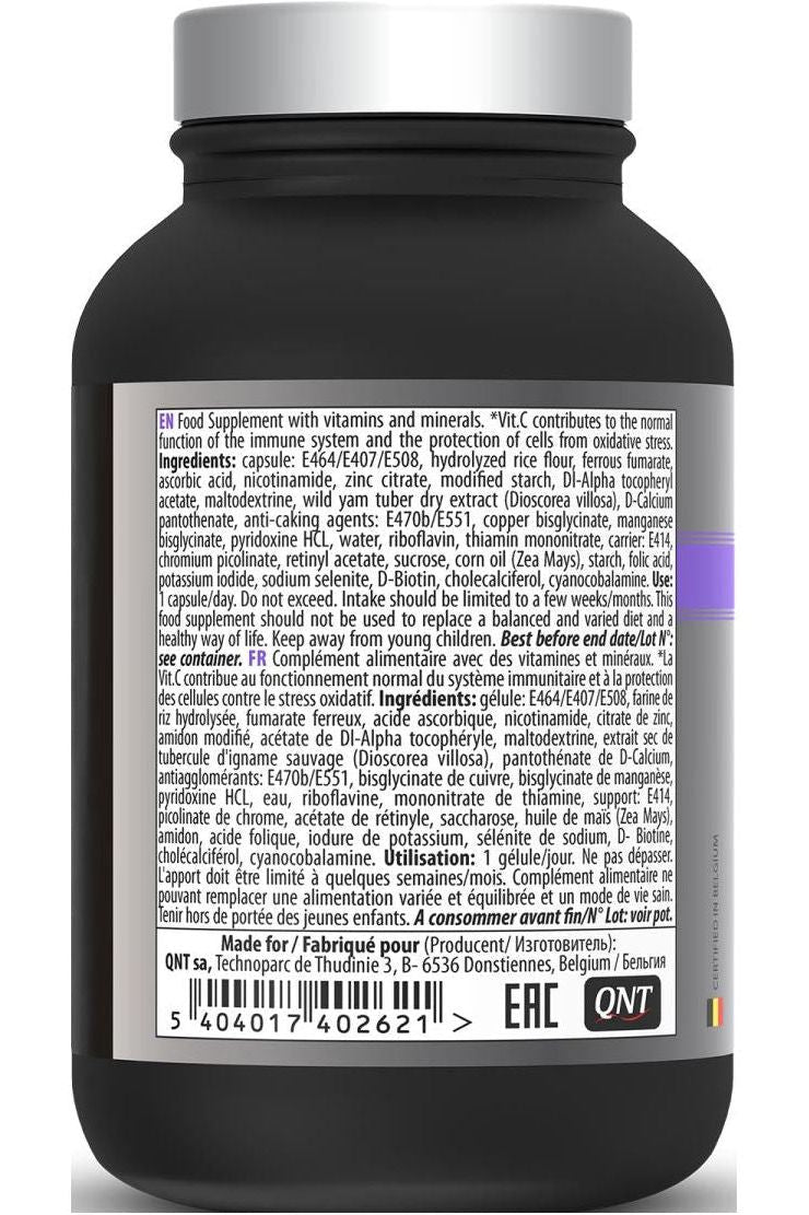 Qnt Women's Multivitamins bottle showing ingredients and nutritional information for energy and wellness.