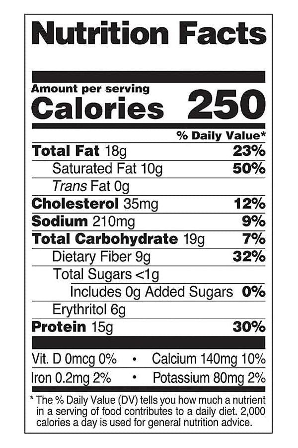 Nutrition facts for a 250-calorie protein cookie, highlighting fats, carbohydrates, sugars, and protein content.