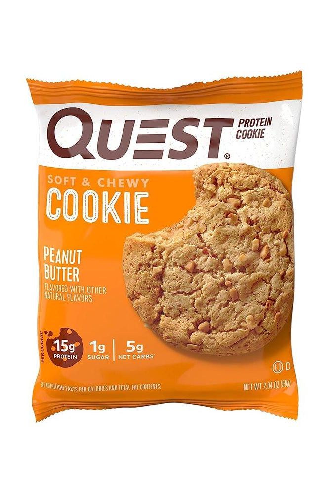 Quest Nutrition Protein Cookie in Peanut Butter flavor, featuring 15g protein, 1g sugar, and 5g net carbs.